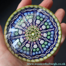 Load image into Gallery viewer, 1980s Perthshire Glass Paperweight. Large with Dark Blue Ground Ten Spokes &amp; Millefiori Canes - Paperweight
