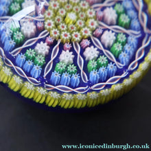 Load image into Gallery viewer, 1980s Perthshire Glass Paperweight. Large with Dark Blue Ground Ten Spokes &amp; Millefiori Canes - Paperweight

