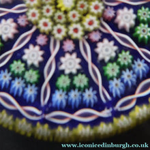 Load image into Gallery viewer, 1980s Perthshire Glass Paperweight. Large with Dark Blue Ground Ten Spokes &amp; Millefiori Canes - Paperweight

