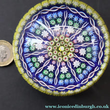Load image into Gallery viewer, 1980s Perthshire Glass Paperweight. Large with Dark Blue Ground Ten Spokes &amp; Millefiori Canes - Paperweight
