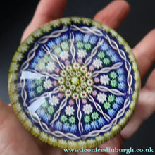 Load image into Gallery viewer, 1980s Perthshire Glass Paperweight. Large with Dark Blue Ground Ten Spokes &amp; Millefiori Canes - Paperweight
