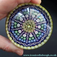 Load image into Gallery viewer, 1980s Perthshire Glass Paperweight. Large with Dark Blue Ground Ten Spokes &amp; Millefiori Canes - Paperweight
