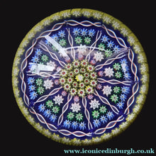 Load image into Gallery viewer, 1980s Perthshire Glass Paperweight. Large with Dark Blue Ground Ten Spokes &amp; Millefiori Canes - Paperweight
