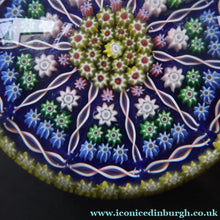 Load image into Gallery viewer, 1980s Perthshire Glass Paperweight. Large with Dark Blue Ground Ten Spokes &amp; Millefiori Canes - Paperweight
