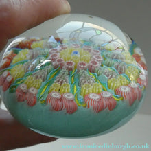 Load image into Gallery viewer, Vintage Scottish PERTHSHIRE Paperweight. Pale Sea Green Ground, 11 Spokes &amp; Millefiori Canes
