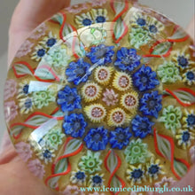 Load image into Gallery viewer, 1970s Scottish PERTHSHIRE Paperweight. Pale Yellow Ground. 9 Half Spokes &amp; Millefiori Canes
