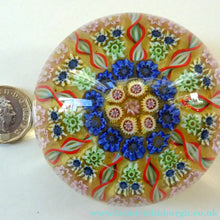 Load image into Gallery viewer, 1970s Scottish PERTHSHIRE Paperweight. Pale Yellow Ground. 9 Half Spokes &amp; Millefiori Canes
