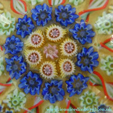 Load image into Gallery viewer, 1970s Scottish PERTHSHIRE Paperweight. Pale Yellow Ground. 9 Half Spokes &amp; Millefiori Canes
