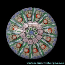 Load image into Gallery viewer, Vintage Scottish PERTHSHIRE Paperweight. Sky Blue Ground, 12 Spokes &amp; Millefiori Canes
