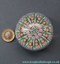 Load image into Gallery viewer, Vintage Scottish PERTHSHIRE Paperweight. Sky Blue Ground, 12 Spokes &amp; Millefiori Canes
