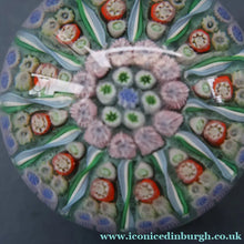 Load image into Gallery viewer, Vintage Scottish PERTHSHIRE Paperweight. Sky Blue Ground, 12 Spokes &amp; Millefiori Canes
