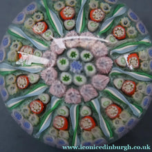 Load image into Gallery viewer, Vintage Scottish PERTHSHIRE Paperweight. Sky Blue Ground, 12 Spokes &amp; Millefiori Canes
