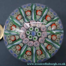 Load image into Gallery viewer, Vintage Scottish PERTHSHIRE Paperweight. Sky Blue Ground, 12 Spokes &amp; Millefiori Canes
