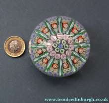 Load image into Gallery viewer, Vintage Scottish PERTHSHIRE Paperweight. Sky Blue Ground, 12 Spokes &amp; Millefiori Canes
