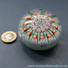 Load image into Gallery viewer, Vintage Scottish PERTHSHIRE Paperweight. Sky Blue Ground, 12 Spokes &amp; Millefiori Canes
