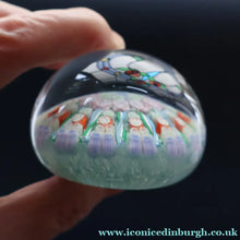 Load image into Gallery viewer, Vintage Scottish PERTHSHIRE Paperweight. Sky Blue Ground, 12 Spokes &amp; Millefiori Canes
