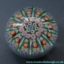 Load image into Gallery viewer, Vintage Scottish PERTHSHIRE Paperweight. Sky Blue Ground, 12 Spokes &amp; Millefiori Canes
