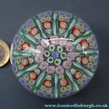 Load image into Gallery viewer, Vintage Scottish PERTHSHIRE Paperweight. Sky Blue Ground, 12 Spokes &amp; Millefiori Canes
