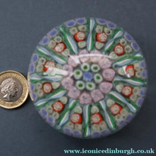 Load image into Gallery viewer, Vintage Scottish PERTHSHIRE Paperweight. Sky Blue Ground, 12 Spokes &amp; Millefiori Canes
