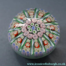 Load image into Gallery viewer, Vintage Scottish PERTHSHIRE Paperweight. Sky Blue Ground, 12 Spokes &amp; Millefiori Canes
