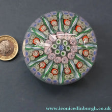 Load image into Gallery viewer, Vintage Scottish PERTHSHIRE Paperweight. Sky Blue Ground, 12 Spokes &amp; Millefiori Canes

