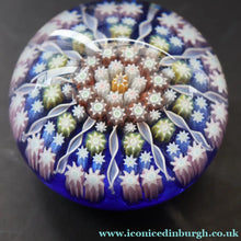 Load image into Gallery viewer, 1980s Perthshire Glass Paperweight. Smaller Size. Dark Blue Ground Eleven Spokes &amp; Millefiori Canes - Paperweight
