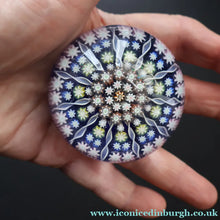 Load image into Gallery viewer, 1980s Perthshire Glass Paperweight. Smaller Size. Dark Blue Ground Eleven Spokes &amp; Millefiori Canes - Paperweight
