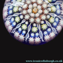Load image into Gallery viewer, 1980s Perthshire Glass Paperweight. Smaller Size. Dark Blue Ground Eleven Spokes &amp; Millefiori Canes - Paperweight
