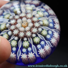 Load image into Gallery viewer, 1980s Perthshire Glass Paperweight. Smaller Size. Dark Blue Ground Eleven Spokes &amp; Millefiori Canes - Paperweight
