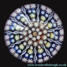 Load image into Gallery viewer, 1980s Perthshire Glass Paperweight. Smaller Size. Dark Blue Ground Eleven Spokes &amp; Millefiori Canes - Paperweight
