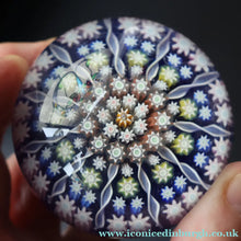 Load image into Gallery viewer, 1980s Perthshire Glass Paperweight. Smaller Size. Dark Blue Ground Eleven Spokes &amp; Millefiori Canes - Paperweight
