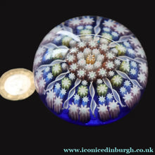 Load image into Gallery viewer, 1980s Perthshire Glass Paperweight. Smaller Size. Dark Blue Ground Eleven Spokes &amp; Millefiori Canes - Paperweight
