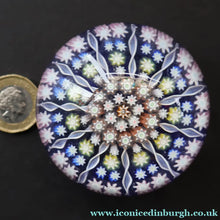 Load image into Gallery viewer, 1980s Perthshire Glass Paperweight. Smaller Size. Dark Blue Ground Eleven Spokes &amp; Millefiori Canes - Paperweight

