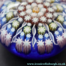 Load image into Gallery viewer, 1980s Perthshire Glass Paperweight. Smaller Size. Dark Blue Ground Eleven Spokes &amp; Millefiori Canes - Paperweight
