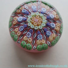 Load image into Gallery viewer, Vintage Scottish PERTHSHIRE Paperweight. Sugar Pink Ground, 10 Short Spokes &amp; Millefiori Canes
