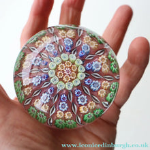 Load image into Gallery viewer, Vintage Scottish PERTHSHIRE Paperweight. Sugar Pink Ground, 10 Short Spokes &amp; Millefiori Canes
