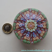 Load image into Gallery viewer,  Vintage Scottish PERTHSHIRE Paperweight. Sugar Pink Ground, 10 Short Spokes &amp; Millefiori Canes
