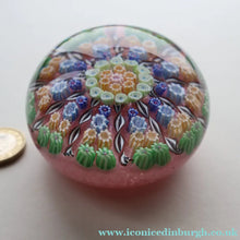 Load image into Gallery viewer, Vintage Scottish PERTHSHIRE Paperweight. Sugar Pink Ground, 10 Short Spokes &amp; Millefiori Canes
