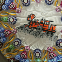 Load image into Gallery viewer, Vintage 1980s PERTHSHIRE PAPERWEIGHT. Millefiori Ground with Train Motif (PP 56)
