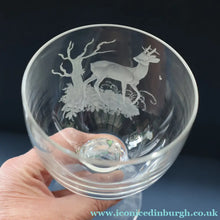 Load image into Gallery viewer, 1980s SCOTTISH STUDIO GLASS. Large Wine Glass with Engraved Deer Design by Norman Orr  (1924 - 1993)
