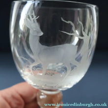 Load image into Gallery viewer, 1980s SCOTTISH STUDIO GLASS. Large Wine Glass with Engraved Deer Design by Norman Orr  (1924 - 1993)
