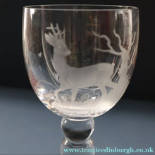 Load image into Gallery viewer, 1980s SCOTTISH STUDIO GLASS. Large Wine Glass with Engraved Deer Design by Norman Orr  (1924 - 1993)
