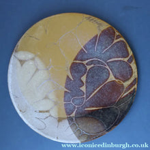 Load image into Gallery viewer, STUDIO POTTERY. Heavy Duty Trivet or Teapot Stand with Abstract Floral Motifs. Crich Pottery (Diana Worthy).  8 inches diameter
