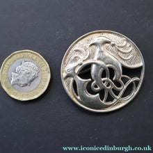Load image into Gallery viewer, 1989 Ola Gorie Scottish Silver Brooch. Large Design with Two Celtic Birds with Undulating Plumes - Ola Gorie
