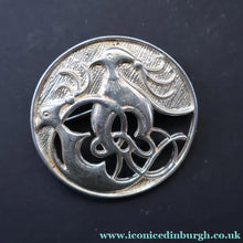 Load image into Gallery viewer, 1989 Ola Gorie Scottish Silver Brooch. Large Design with Two Celtic Birds with Undulating Plumes - Ola Gorie
