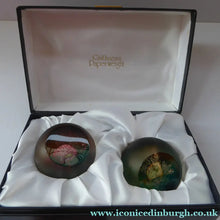 Load image into Gallery viewer, SCOTTISH PAPERWEIGHTS. PAIR of Boxed Vintage Caithness Paperweights. Alpha and Omega. LIMITED EDITION of 150
