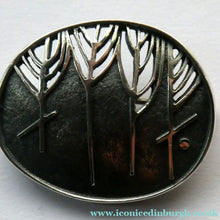Load image into Gallery viewer, 1990s OLA GORIE Silver Brooch: Ingibiorg Oval RUNIC Brooch with Pierced Tree Motif
