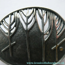 Load image into Gallery viewer, 1990s OLA GORIE Silver Brooch: Ingibiorg Oval RUNIC Brooch with Pierced Tree Motif

