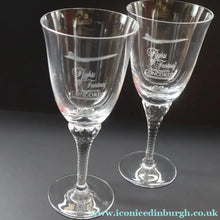Load image into Gallery viewer, 1990s Pair of Concorde Long Stemmed Wine Glasses. Flights of Fantasy Commemorative Souvenir - Advertising Item
