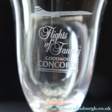 Load image into Gallery viewer, 1990s Pair of Concorde Long Stemmed Wine Glasses. Flights of Fantasy Commemorative Souvenir - Advertising Item
